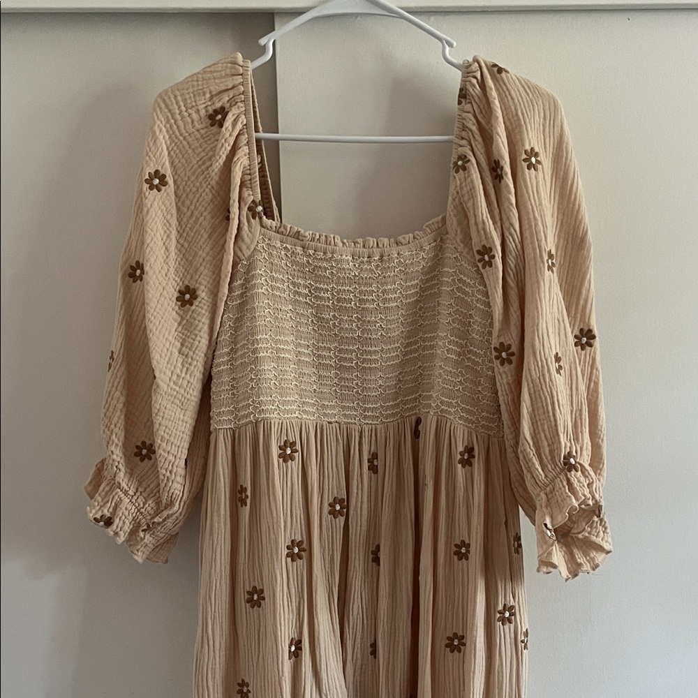 Beige Floral Smocked Midi Dress